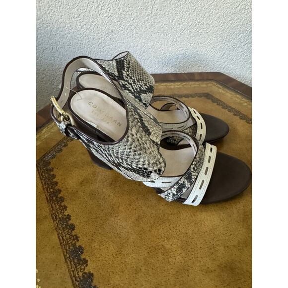 Cole Haan Women 5.5 Slingback Leather Python Print Heeled Sandals Chunky Heels - Picture 5 of 8